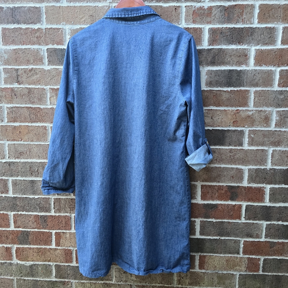 Anne Klein Indigo Chambray Look Shirt Dress Size 14 Half Zip Roll Tab Sleeves - Picture 7 of 10